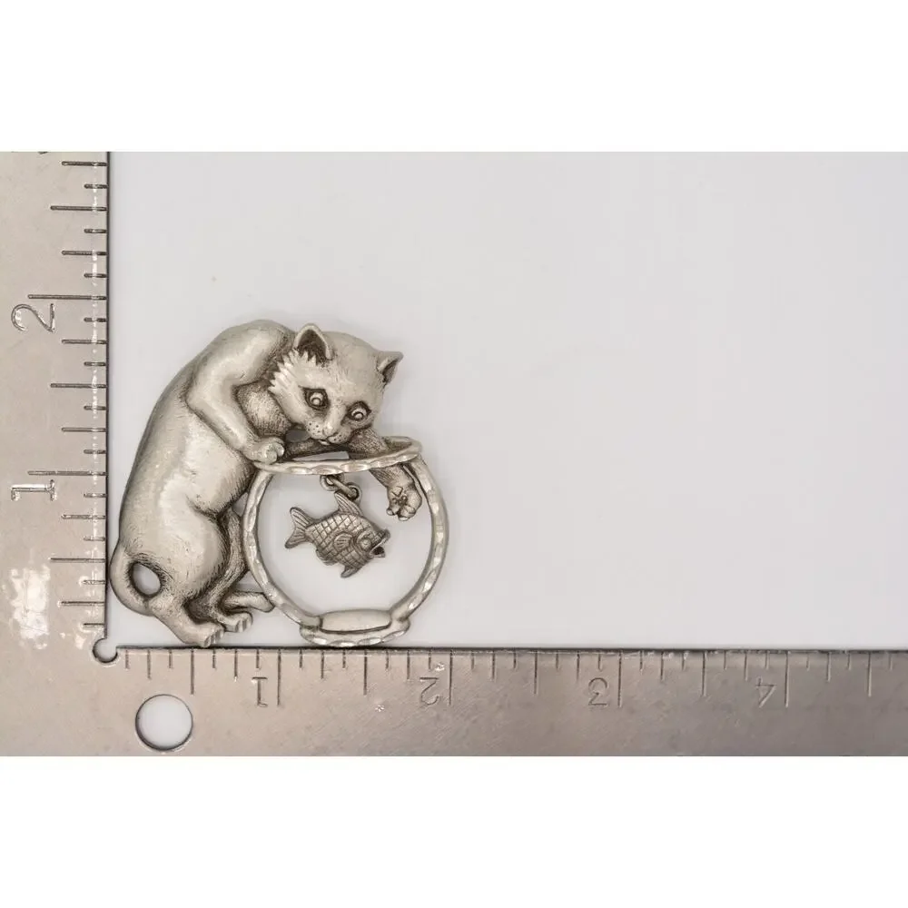 JJ Cat Pin Brooch Brushed Silver Pewter Fish Bowl Dangling Vintage Signed 80s 9B